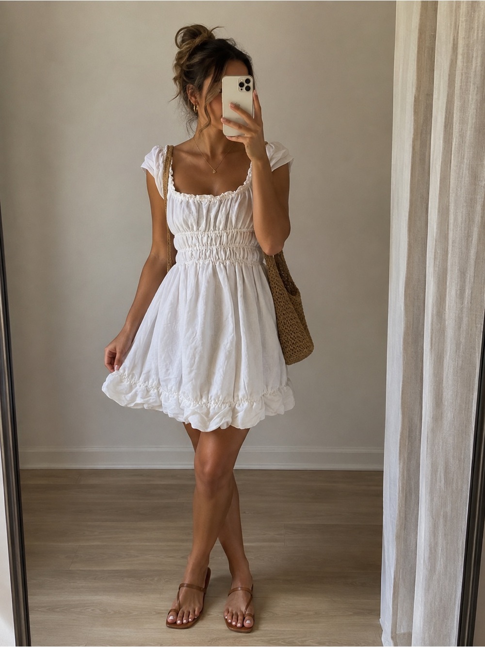 Anthropologie White Smocked Mini Dress with Ruffle Hem small